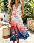 Gradual Change Fireworks Floral Print V-Neck Sleeveless Long Dress