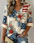 American Flag Stitching Rose Floral V-Neck Sleeve T-Shirt