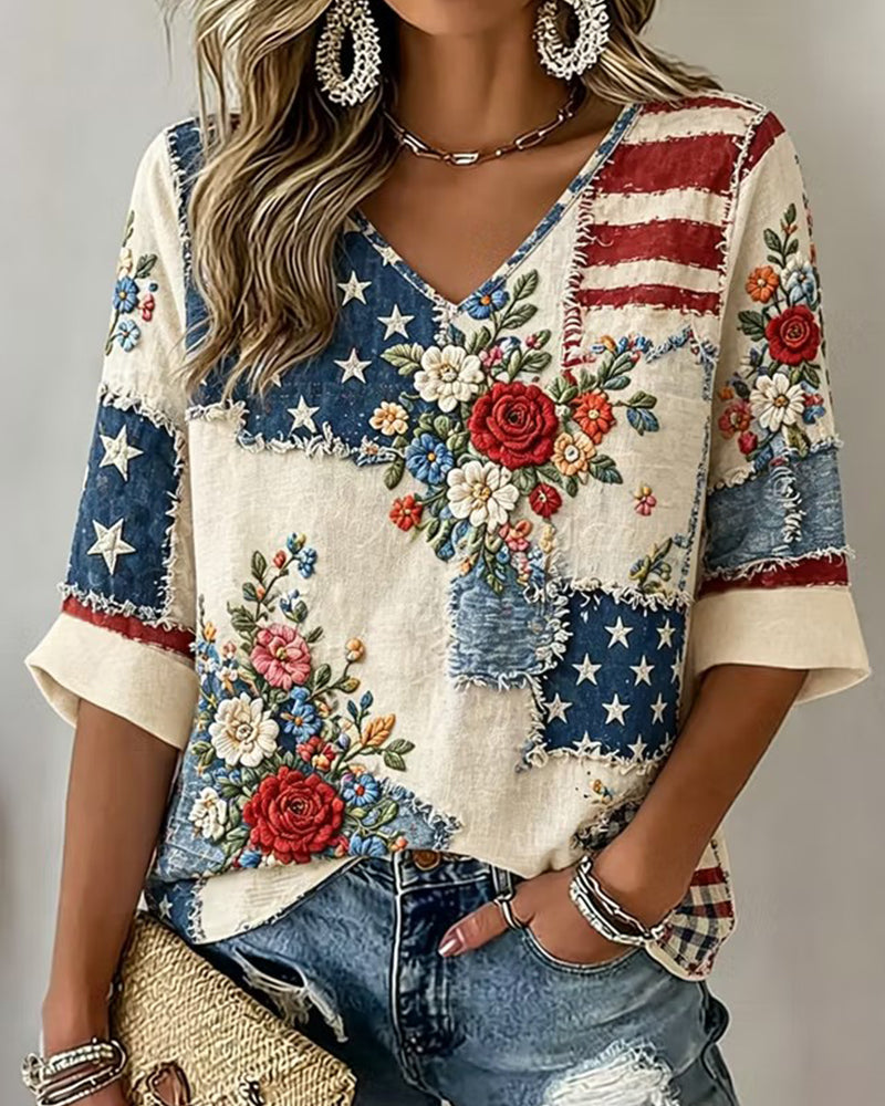 American Flag Stitching Rose Floral V-Neck Sleeve T-Shirt