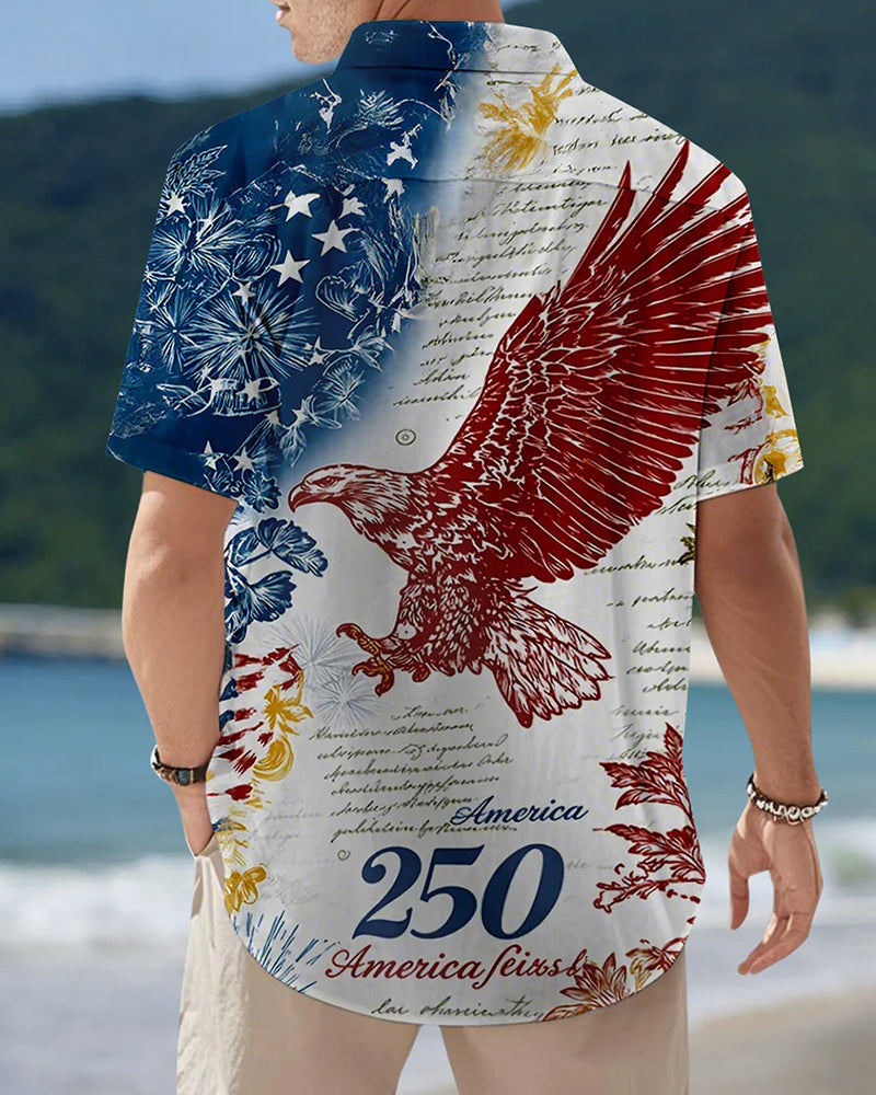 American 250 Anniversary Red Eagle Vintage Manuscript Print Short Sleeve Shirt