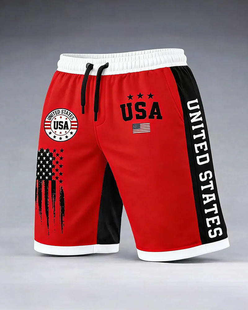 American Style Splash Ink Star Sleeve USA Badge Contrast Side Stitching Casual Shorts