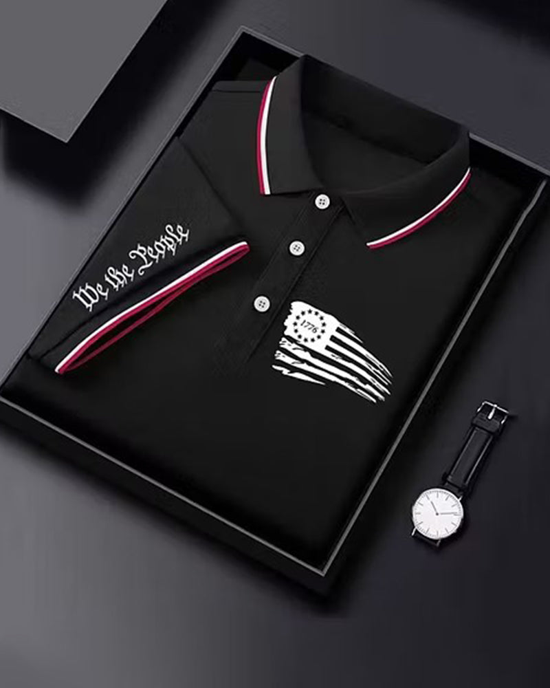 Distressed Splash Ink American Flag Star Striped Men's Short Sleeve Polo Shirt
