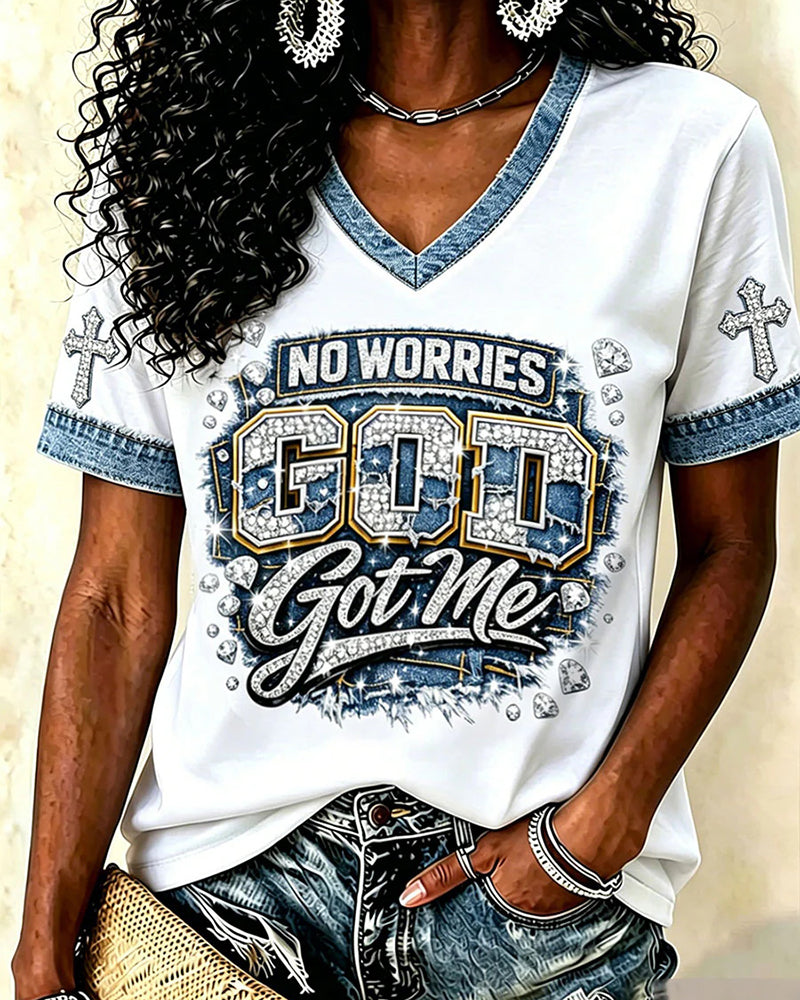 NO WORRIES GOD GOT ME Alphabet Cross V-Neck Short Sleeve T-Shirt