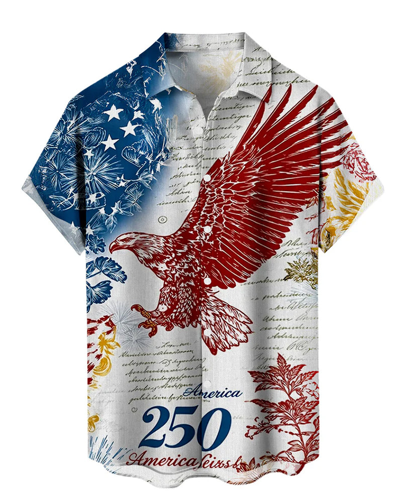 American 250 Anniversary Red Eagle Vintage Manuscript Print Short Sleeve Shirt