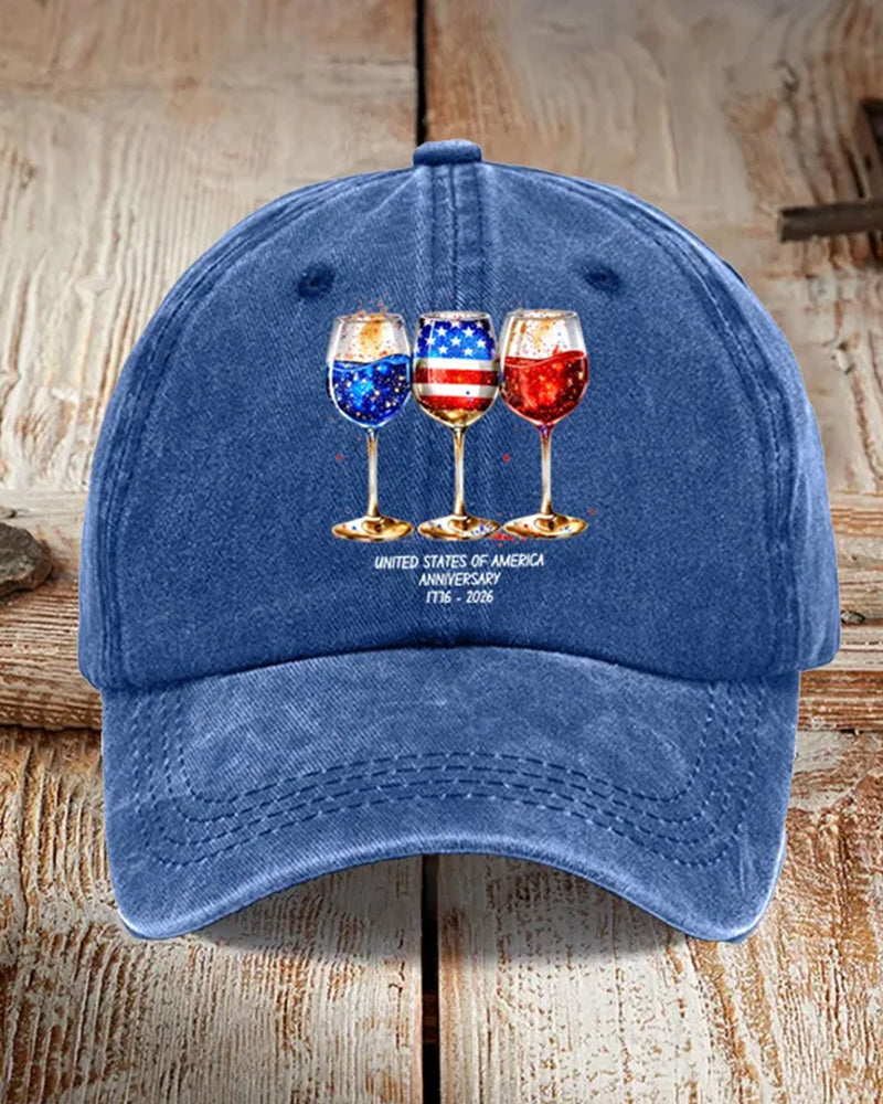 U.S. Flag Wine Glass 1776-2026 Commemorative Printed Baseball Cap
