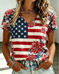 American Flag Stitching Vintage Floral Full Print V-Neck Short Sleeve T-Shirt