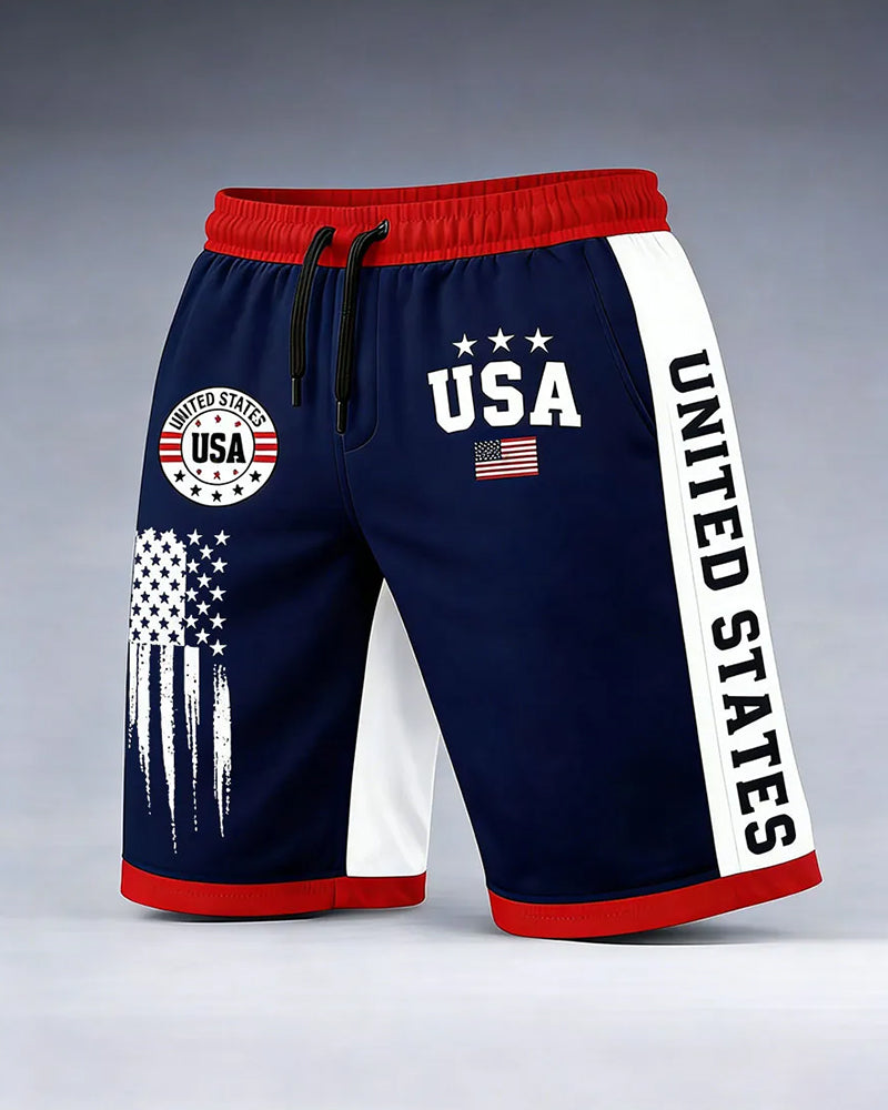 American Style Splash Ink Star Sleeve USA Badge Contrast Side Stitching Casual Shorts