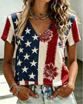 Irregular Daisy-Print V-Neck Loose Short-Sleeve Top
