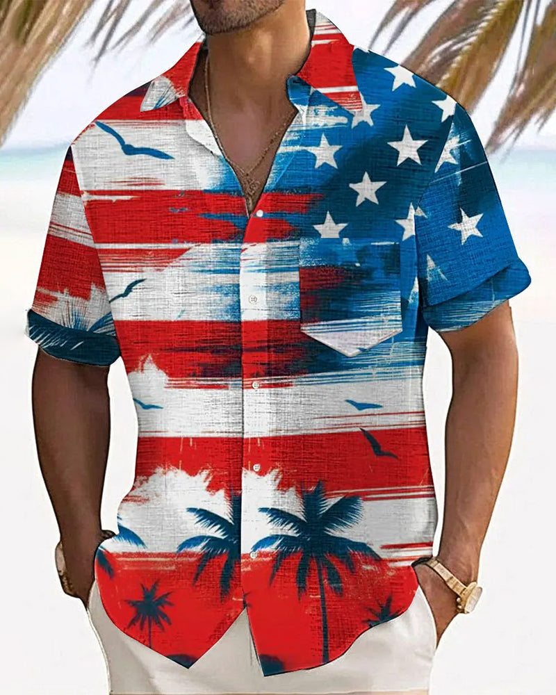 American Flag Coconut Beach Style Casual Short Sleeve Shirt