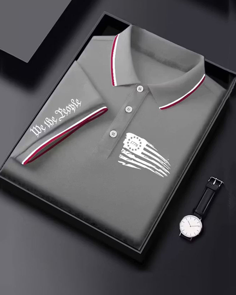 Distressed Splash Ink American Flag Star Striped Men's Short Sleeve Polo Shirt