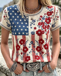 Distressed Stars And Stripes Floral Print Round Neck Short Sleeve Top