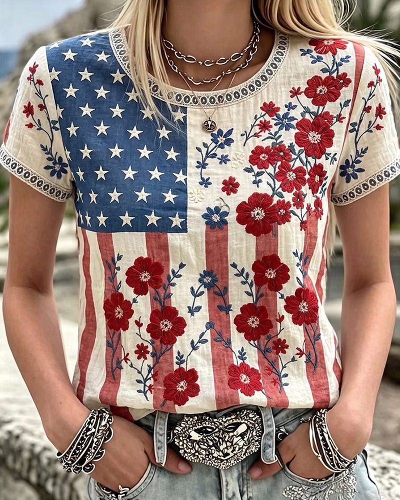Distressed Stars And Stripes Floral Print Round Neck Short Sleeve Top