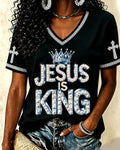 Black Crown JESUS IS KING Letter Cross Printed V-Neck Short Sleeve Tee