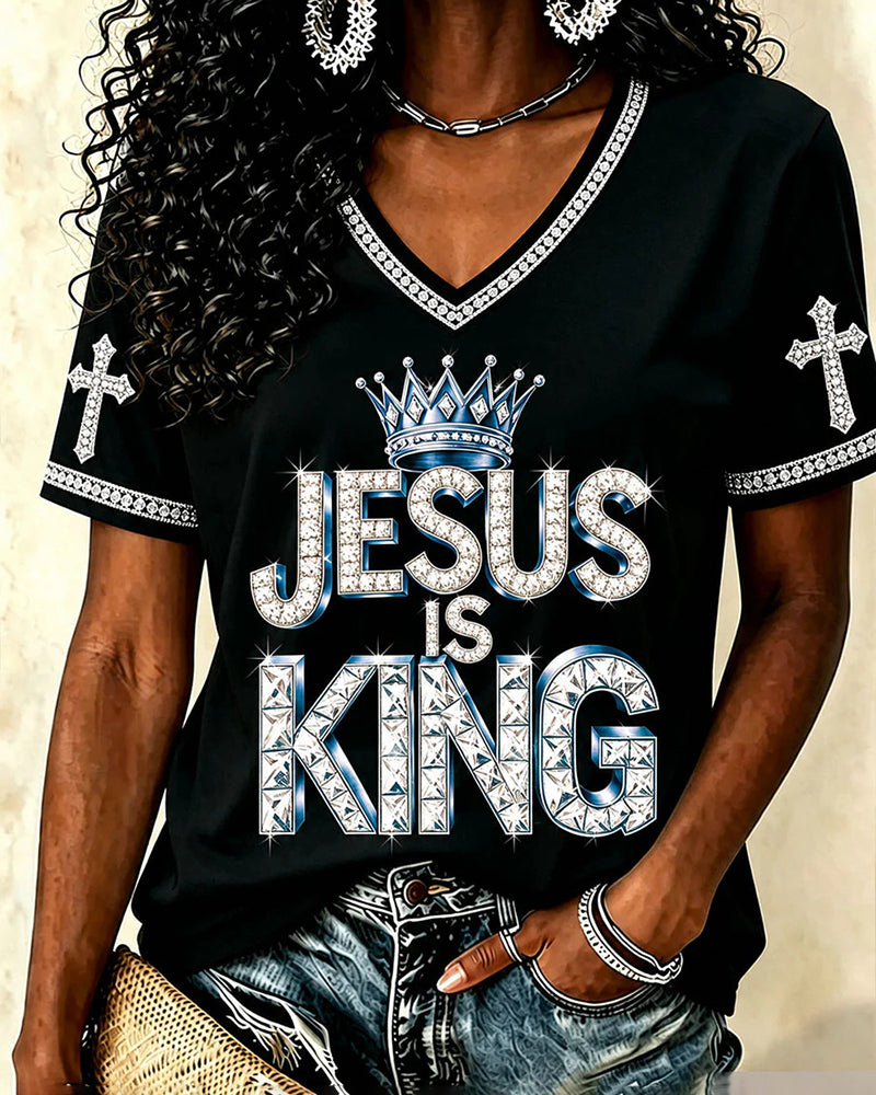 Black Crown JESUS IS KING Letter Cross Printed V-Neck Short Sleeve Tee