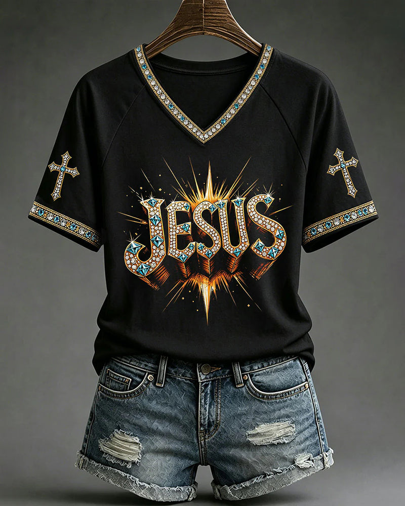 JESUS Radial Font Cross Diamond Print V-Neck Short Sleeve Tee