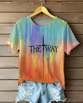 Rainbow Vertical Strip Gradient THE WAY Dripping Cross Printed Short Sleeve T-Shirt