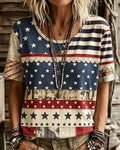 Patchwork Stars And Stripes Lace Print Round Neck Short Sleeve Tee