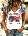 AMERICA Letter Flag Wings Elemental Glitter Print V-Neck Short Sleeve Tee