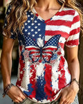 Splash Ink Style Flag Butterfly Flower V-neck Retro Casual Short Sleeve T-shirt