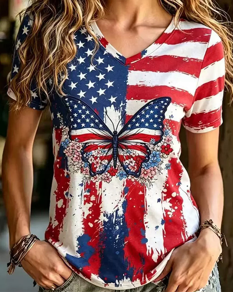Splash Ink Style Flag Butterfly Flower V-neck Retro Casual Short Sleeve T-shirt