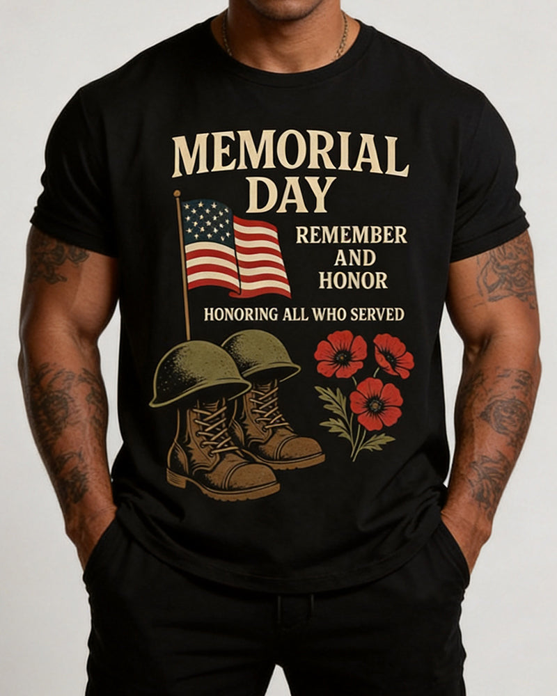 US Memorial Day Army Boots Flag Poppy Print Round Neck Short Sleeve Tee