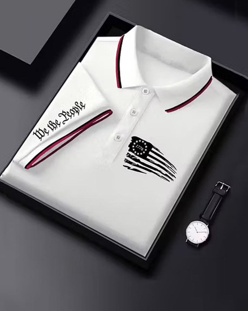 Distressed Splash Ink American Flag Star Striped Men's Short Sleeve Polo Shirt