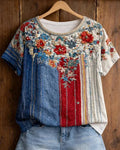 Red Blue White Striped Contrast Floral Print Round Neck Short Sleeve Top