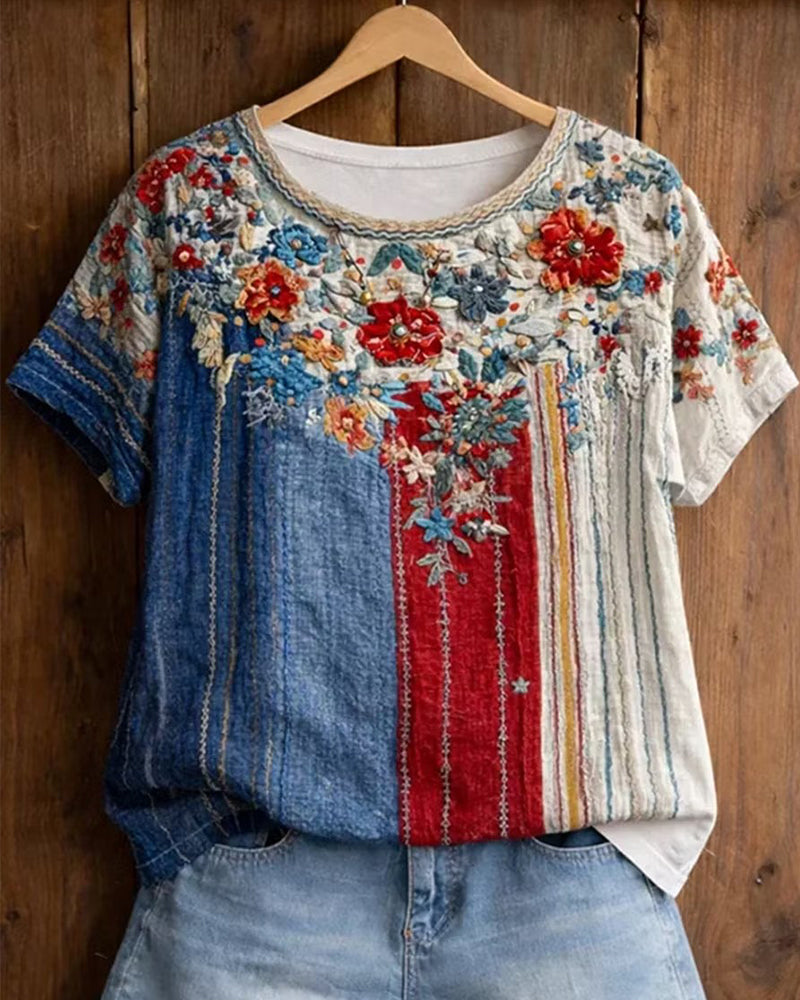 Red Blue White Striped Contrast Floral Print Round Neck Short Sleeve Top