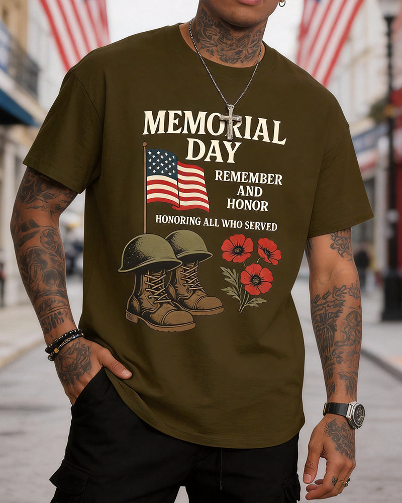US Memorial Day Army Boots Flag Poppy Print Round Neck Short Sleeve Tee