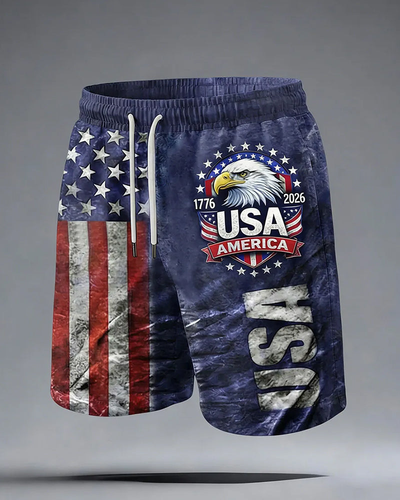 250 Anniversary Bald Eagle Dressed Stars And Stripes Print Casual Shorts