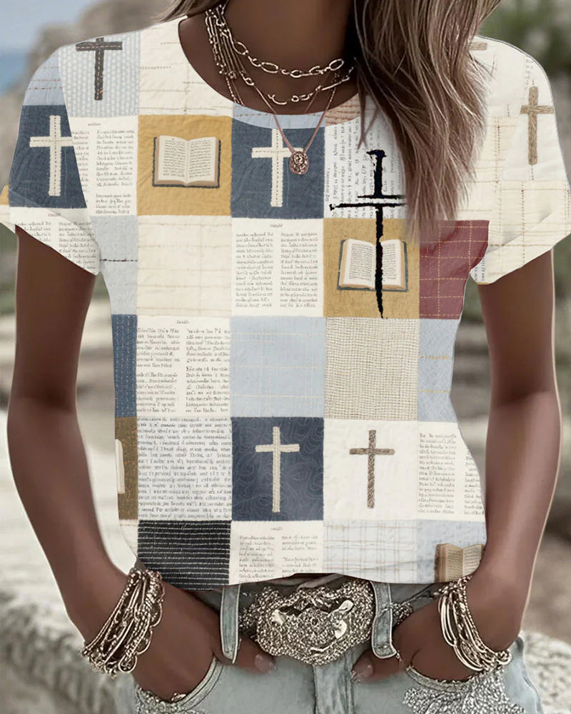 Plaid Patchwork Bible Book Cross Print  Short Sleeve Tee