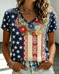 Star Bottom Flower Stitching Flag V-Neck Short-Sleeved Top