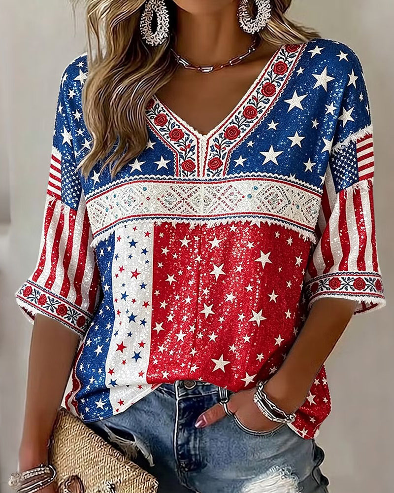 Stars And Stripes Element Rose Stitching V-Neck Mid-Sleeve Tee