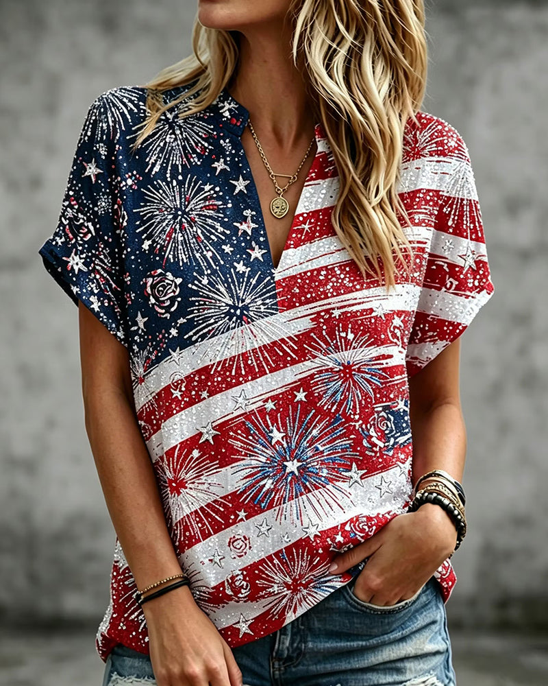 Flag Fireworks Rose Print Half Open Neck Loose Short Sleeve T-Shirt