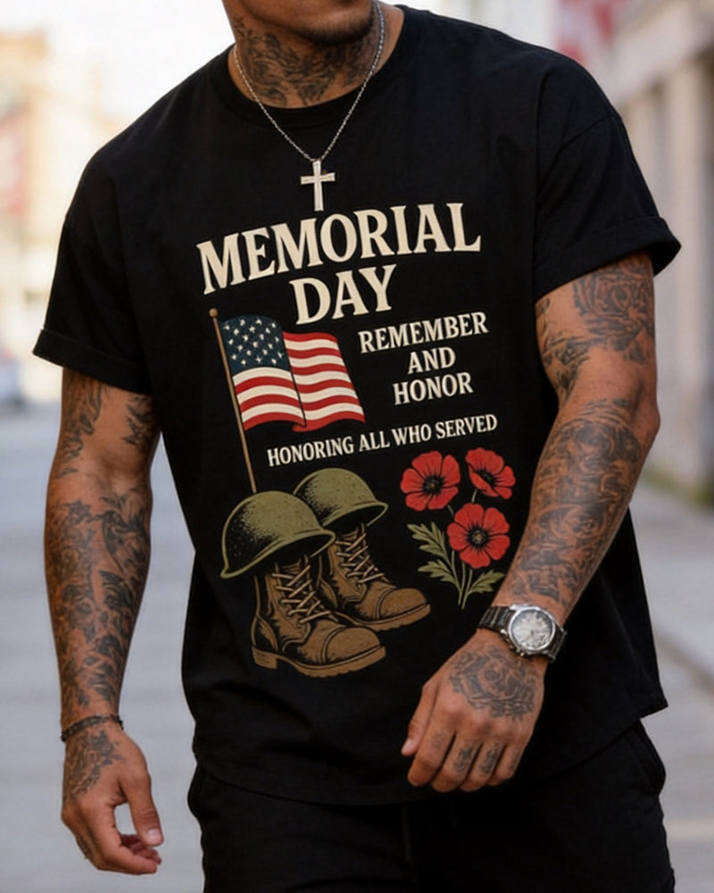US Memorial Day Army Boots Flag Poppy Print Round Neck Short Sleeve Tee