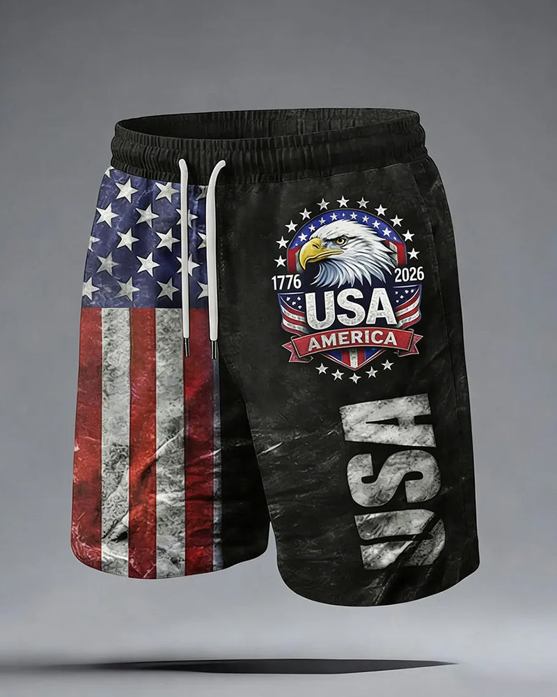 250 Anniversary Bald Eagle Dressed Stars And Stripes Print Casual Shorts