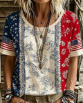 Cashew Flower Patchwork Flag Element Print Round Neck Short Sleeve Top