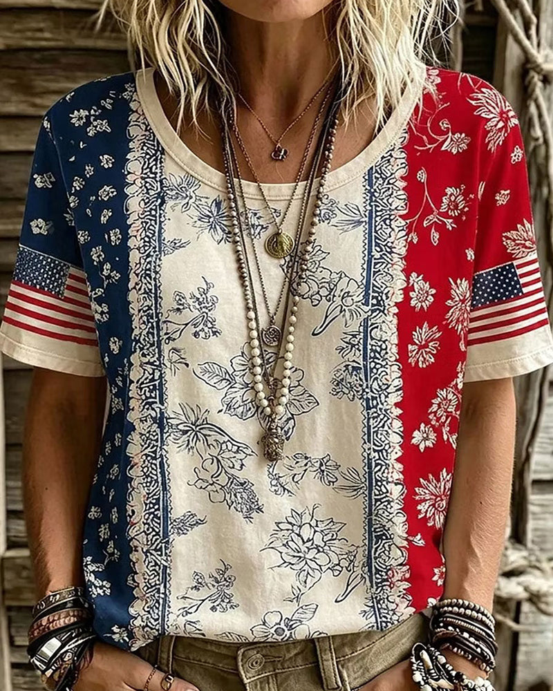Cashew Flower Patchwork Flag Element Print Round Neck Short Sleeve Top