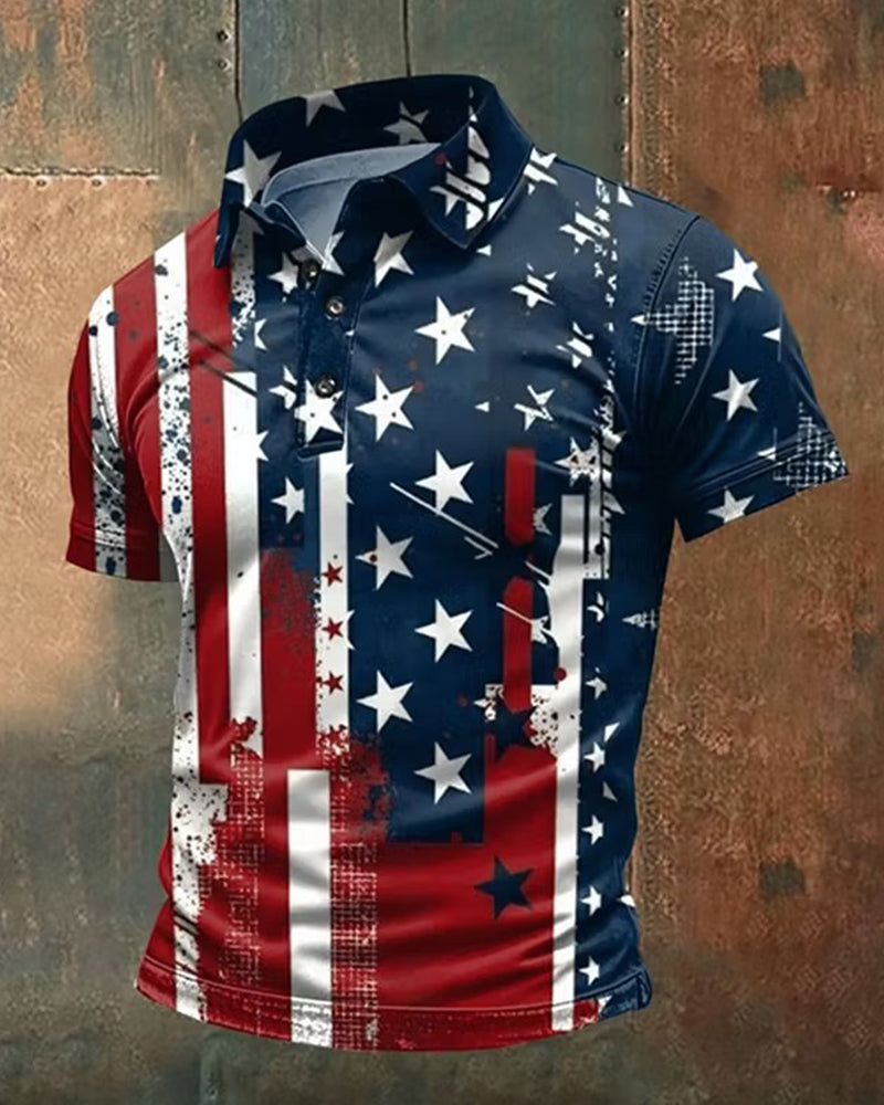 Distressed Splash Ink American Flag Star Striped Men's Short Sleeve Polo Shirt