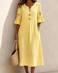 Cross V-Neck Wooden Buckle Midi Dress