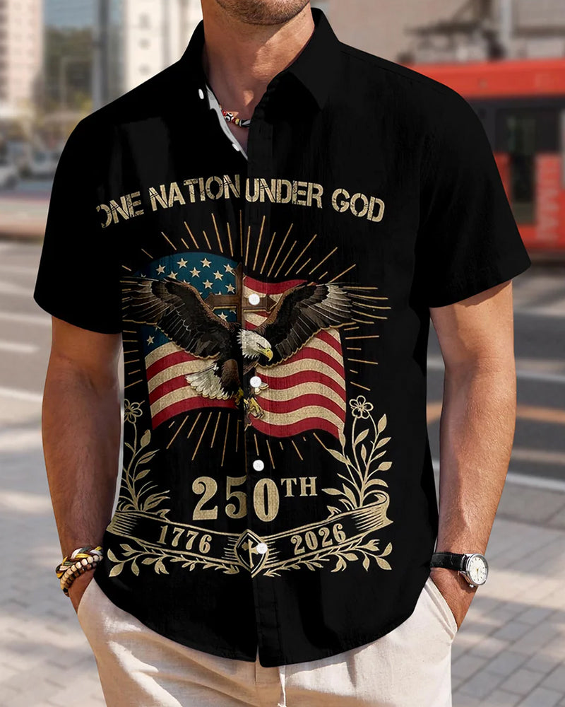 American 250 Anniversary One Nation Under God Eagle Flag Printed Short Sleeve Shirt
