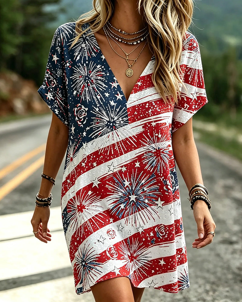 American Flag Fireworks Print V-neck Bat Short Sleeve Casual Skirt