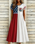 Flag Color-block Rose Print Plaid Crewneck Short-sleeved A- Line Dress