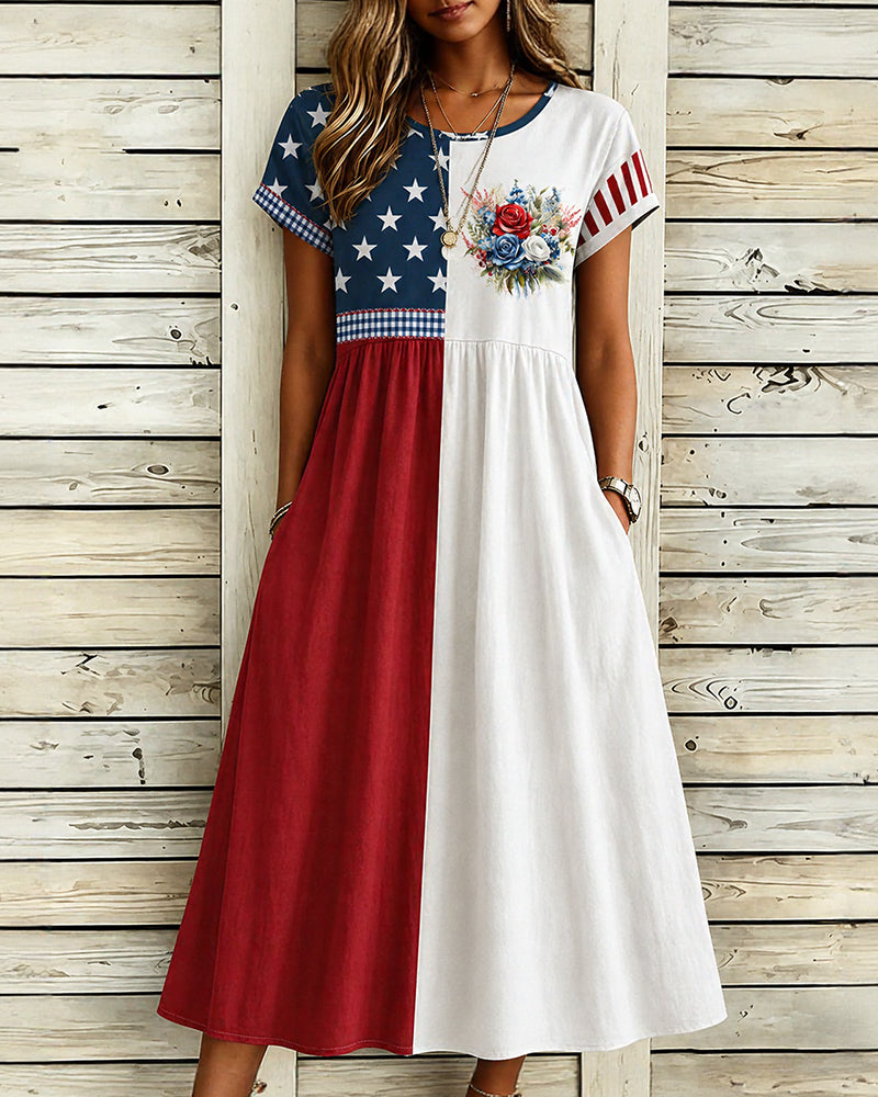 Flag Color-block Rose Print Plaid Crewneck Short-sleeved A- Line Dress