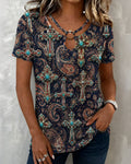 Cashew Flower Turquoise Cross Print Cut-out Short Sleeve T-shirt