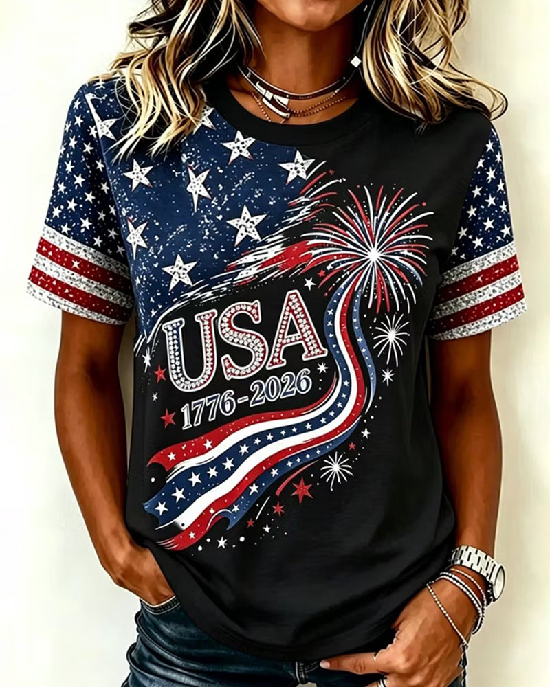 USA 1776-2026 Fireworks Star Element Printed Crewneck Short Sleeve T-shirt