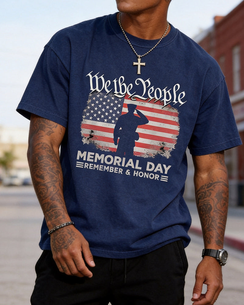US Memorial Day We The People Soldier Silhouette Flag Print Round Neck Short Sleeve Tee