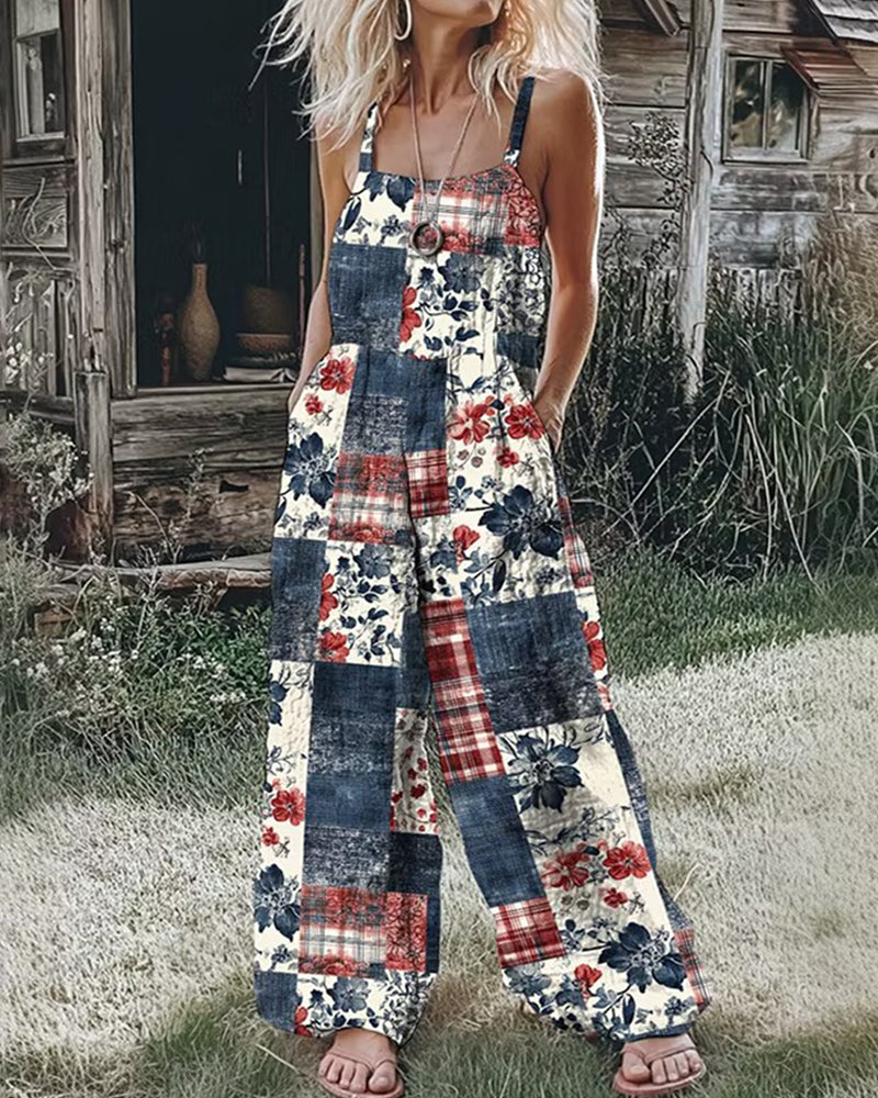 American Style Vintage Floral Plaid Sling Wide Leg Pants