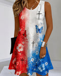 Red Blue White Gradient Glitter Butterfly Floral Cross Printed Round Neck Sleeveless Mini Dress