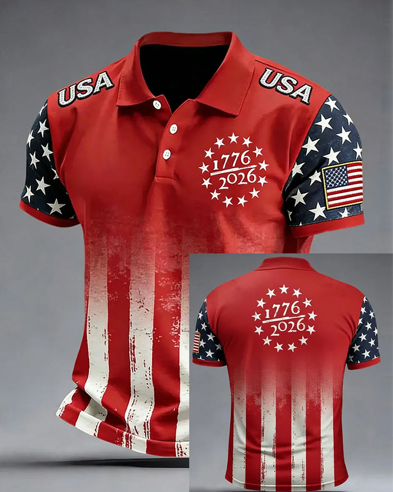 American 250 Anniversary Gradient Stars And Stripes USA Letter Short-sleeved Polo Shirt